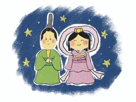 七夕の織姫と彦星 夜空,七夕,イベント,星,着物,羽衣,織姫,彦星,空のイラスト素材