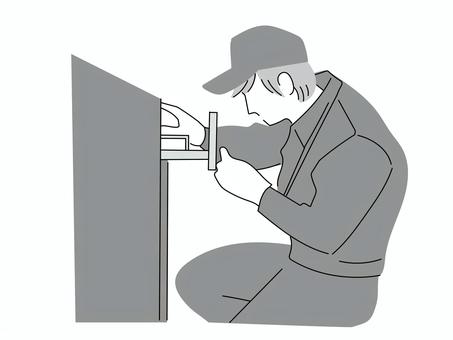 ガス屋さんの点検作業  グレースケール ガス,ガス屋,従業員,スタッフ,人物,男性,点検,作業,モノクロ,線画のイラスト素材
