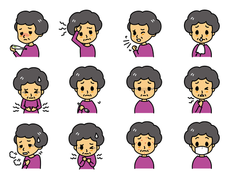 病気の症状 おばあさん 病気の症状 おばあさん 病気,症状,発熱,頭痛,咳,鼻水,腹痛,食欲不振,顔色,高齢者のイラスト素材