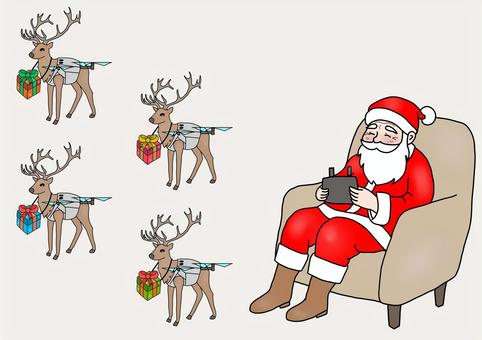 トナカイドローンでプレセントを配るサンタ トナカイ,ドローン,サンタクロース,プレゼント,クリスマスイブ,クリスマスカードのイラスト素材