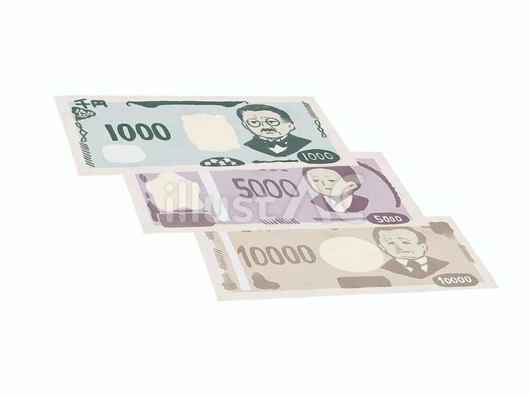3種類の紙幣(斜め) 札,紙幣,五千円札のイラスト素材