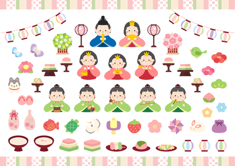 ひなまつりイラストセット ひなまつり,ひな祭り,アイコン,おひな様,おひなさま,ひな人形,春,三人官女,五人囃子,雛人形のイラスト素材