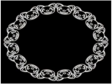 猫のフレ−ム　ネオン　白 猫,フレ−ム,ポストカード,メッセージカード,かわいい,笑顔,楕円形,ネオン,白,黒のイラスト素材