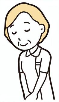  高齢看護師(黄)-464-バスト おじぎ,笑顔,プラチナナース,看護師,高齢,女性,老人,白衣,ナース,医療のイラスト素材