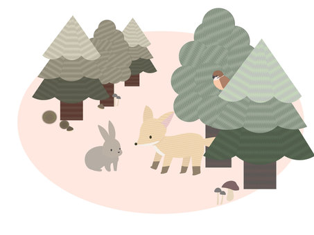 刺繍風秋のもり 刺繍風,きつね,うさぎ,秋,木,スズメ,栗,キノコ,ポストカード,かわいいのイラスト素材