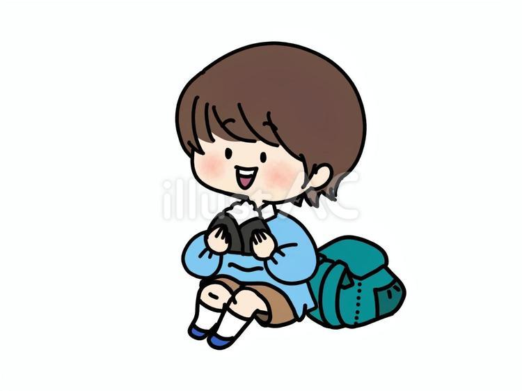 遠足♪おにぎりを食べる男の子　水色 男の子,遠足,おにぎりのイラスト素材