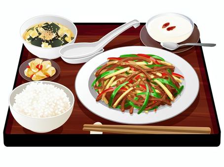 青椒肉絲定食 青椒肉絲定食 青椒肉絲,定食,中華料理,料理,食べ物,ご飯,米,ワカメスープ,ザーサイ,漬物のイラスト素材