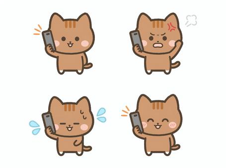 電話するねこ（茶トラ）表情セット ねこ,電話,かける,スマホ,連絡,ニコニコ,焦る,謝る,謝罪,怒るのイラスト素材