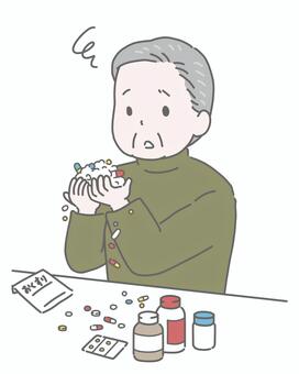 大量の薬に困惑する高齢男性 高齢者,多剤併用,ポリファーマシー,薬,大量,飲みすぎ,医療,問題,管理,おじいさんのイラスト素材