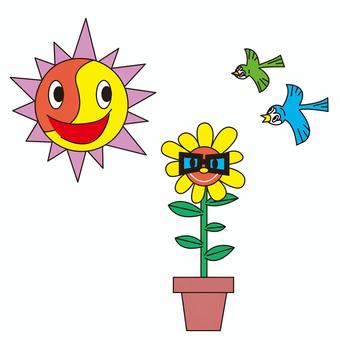 太陽と花と鳥たち 太陽,笑顔,ひまわり,花,メガネ,鳥のイラスト素材