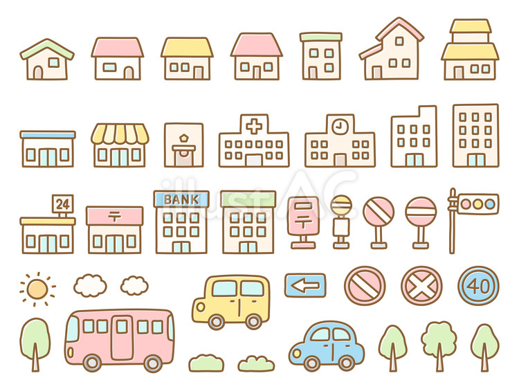 家と建物と車の手描きイラストセット02 家,手書き,アイコンのイラスト素材