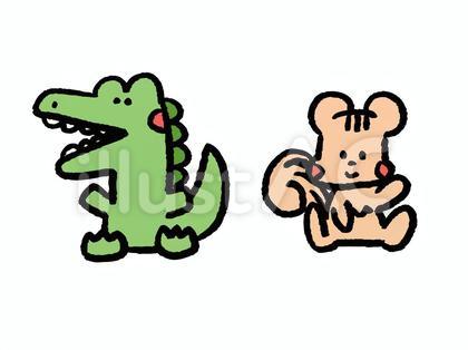 おすわりするワニとリスのイラスト