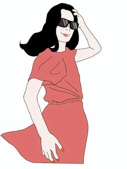 髪をなびかせる女性 人物,女性,ロングヘア,黒髪,サングラス,風,ワンピース,オシャレのイラスト素材