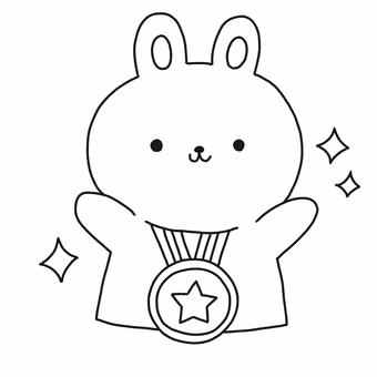 メダルを付けたうさぎ メダル,運動会,うさぎ,優勝,おめでとう,動物,白黒,モノトーン,塗り絵,可愛いのイラスト素材