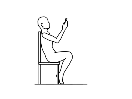 もたれて座り膝を鋭角に曲げスマホを見る人 もたれて座り膝を鋭角に曲げスマホを見る人 座位,スマホ,悪姿勢,骨盤後傾,横向き,線画,白黒のイラスト素材