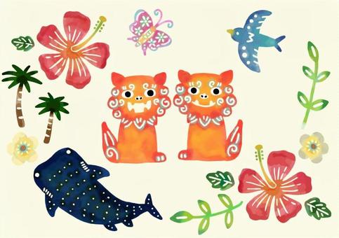 紅型風　シーサーとジンベエザメ シーサー,沖縄,動物,手描き,あうん,名物,夫婦,土産,うちなー,魔除けのイラスト素材