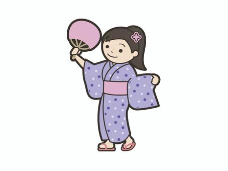浴衣で夏祭り 女性,浴衣,うちわ,サンダル,夏祭り,盆踊り,花火大会のイラスト素材