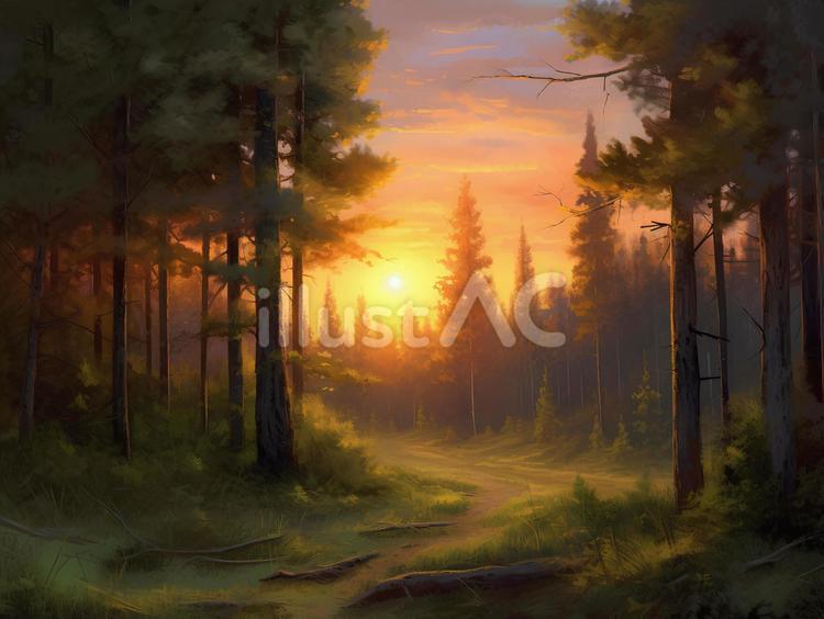 森林から見える夕日 自然,夕日,太陽のイラスト素材