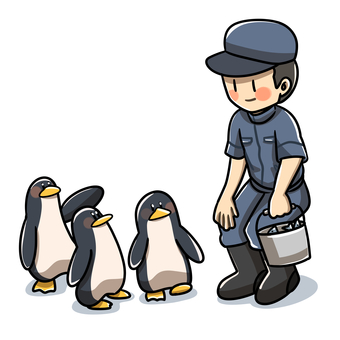 ペンギンと飼育員 ペンギン,飼育員,水族館,動物園,行進,飼育係のイラスト素材