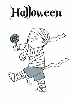 ハロウィンコスプレ　モノクロ　 ハロウィン,コスプレ,仮装,キャラクター,ミイラ,お菓子,子どものイラスト素材