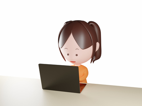 ノートパソコンを操作する女性・背景透過 パソコン,女性,pc,ノートパソコン,事務,働く,操作,笑顔,ふんわり,顔のイラスト素材