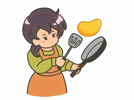オムレツを焼く女性 料理,調理,オムレツ,卵,焼く,フライパン,フライ返し,女性,ママ,主婦のイラスト素材