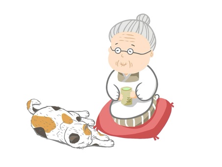 お婆ちゃんと猫のまったりした様子 お婆ちゃん,お婆さん,着物,手描き,老人,のんびり,老後,余生,祖母,眼鏡のイラスト素材