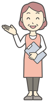 バインダーを持ち笑顔で案内するおばさん 案内,女性,人,主婦,中年,シニア,エプロン,ママ,お母さん,おかんのイラスト素材