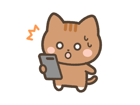 スマホを眺めて驚くねこ（茶トラ） ねこ,スマホ,驚く,びっくり,衝撃,携帯,スマートフォン,日常,表情,かわいいのイラスト素材