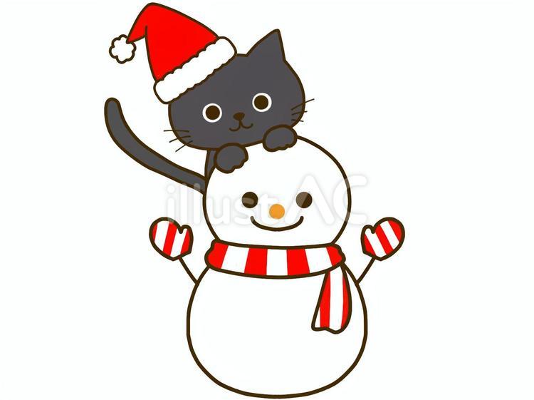 サンタ帽子をかぶった黒猫と雪だるま ネコ,黒猫,サンタのイラスト素材