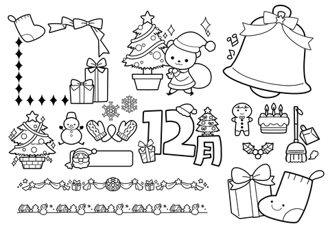 12月のイラスト 12月,園だより,クラスだより,保育,クリスマス,プレゼント,靴下,クリスマスツリー,ベル,雪だるまのイラスト素材
