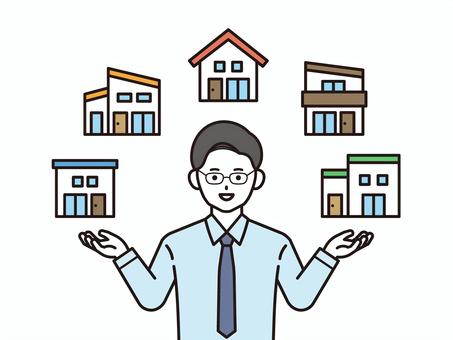 不動産を紹介する事務員の男性（カラー） 不動産,ビジネス,案内,説明,家,男性,一軒家,提案,紹介,住宅のイラスト素材