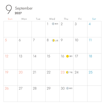 2027年9月　カレンダー　正方形 2027年,9月,カレンダー,正方形,月齢,満月,新月,上弦,下弦,日にちのイラスト素材
