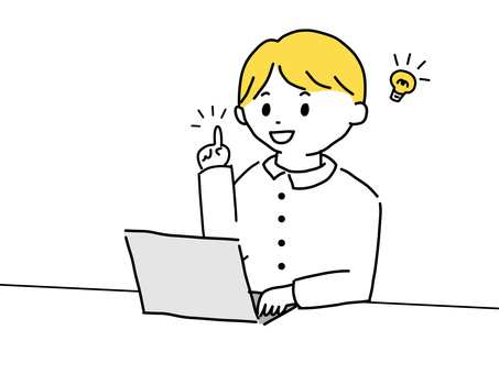 ネット検索で発見した男性 発見,解決,完了,パソコン,ノートパソコン,検索,調査,レポート,電球,ひらめきのイラスト素材