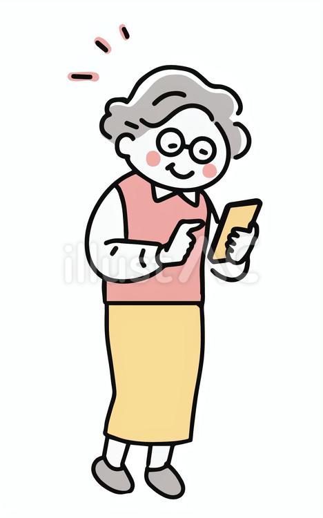 立ってスマホを見る女性＿シニア スマホ,シニア,スマートフォンのイラスト素材
