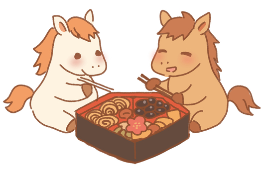 おせちを食べる2匹の馬 おせち,料理,馬,和風,和食,食べ物,お重,黒豆,伊達巻,正月のイラスト素材