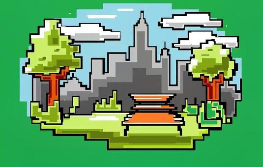 ドット絵　都会の公園 ビル,建物,公園,木,ドット絵のイラスト素材