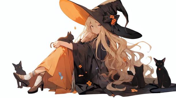 Illustration, witch, black cat, girl, 