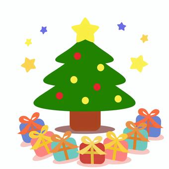 ツリーとプレゼント クリスマス,ツリー,プレゼント,星,ポップ,カラフル,黄色,緑,赤,ピンクのイラスト素材