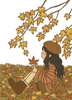 紅葉の枝の下に座る少女 秋,紅葉,枝,木,植物,落ち葉,枯葉,ベレー帽,セーター,スカートのイラスト素材