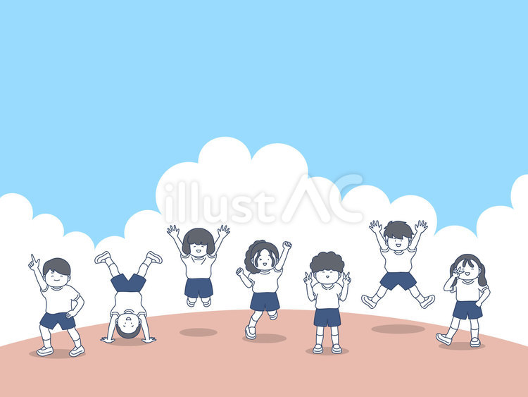 青空の下ポーズをとる男の子と女の子 小学生,フレーム,背景のイラスト素材