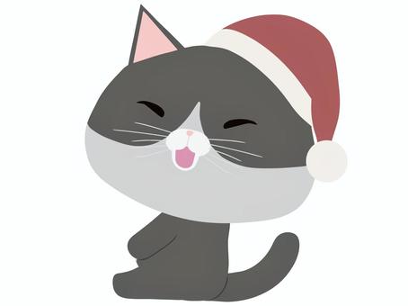 サンタ帽をかぶった笑顔のはちわれ猫 サンタ帽をかぶった笑顔のはちわれ猫 座る,サンタクロース,帽子,猫,はちわれ,笑顔,動物,かわいい,クリスマスのイラスト素材