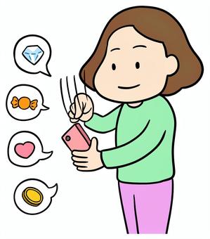 スマホで推しに課金する女性01 推し活,貢ぐ,女性,推し,ライバー,ライブ,アイテム,配信,課金,投げ銭のイラスト素材