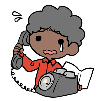 泣いて黒電話をかけるアフロ男性 アフロ,泣く,黒電話,通話,話,家電,困る,戸惑う,焦る,かけるのイラスト素材