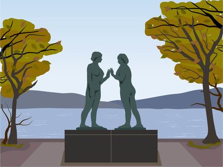 乙女の像　秋の背景付き 乙女の像,ブロンズ像,十和田湖のイラスト素材