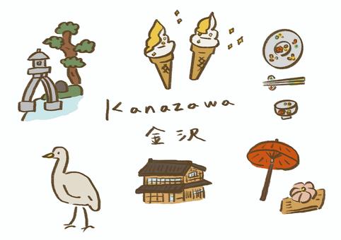 金沢の手描きイラストセット 金沢,kanazawa,石川県,兼六園,灯籠,金箔ソフト,和菓子,古民家,町並み,番傘のイラスト素材