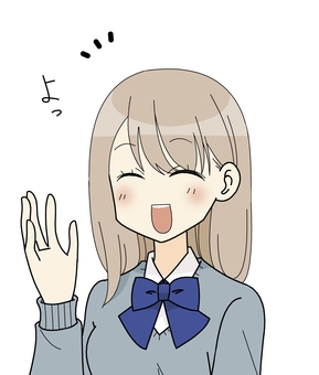 手を振る学生 人物,挨拶,学生,セーター,リボン,制服,文字,平仮名,萌え系,笑顔のイラスト素材
