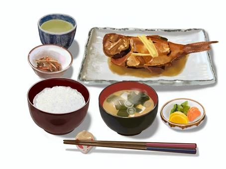 煮魚定食（A2） 煮魚,魚料理,魚,煮つけ,定食,和風,ご飯,みそ汁,漬物,箸のイラスト素材