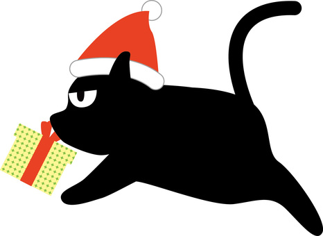 黒猫サンタ　 黒猫,サンタ,帽子,プレゼント,運ぶ,目つき,悪い,かわいい,デフォルメのイラスト素材