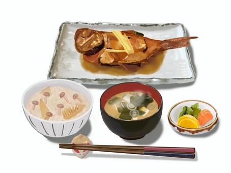 煮魚とごはん（A2炊き込みご飯） 煮魚,魚料理,炊き込みご飯,魚,煮つけ,定食,和風,ご飯,みそ汁,漬物のイラスト素材